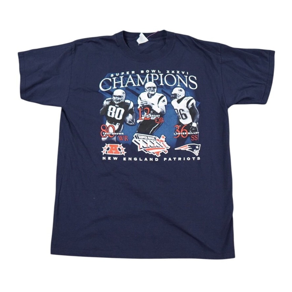 VTG Majestic 2001 New England Patriots T-Shirt Men Large Navy Super Bowl 36
